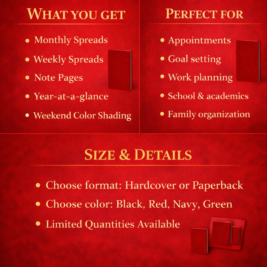 2026–2027 Red Weekly & Monthly Planner – 2 Year Minimalist 6x9 Paperback Organizer