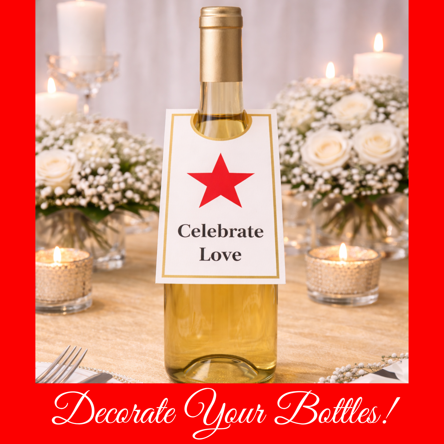 Festive Red & Gold Hostess Kit: Party Table Decor Printable Set with Bottle Hangers, Signs and Place Cards