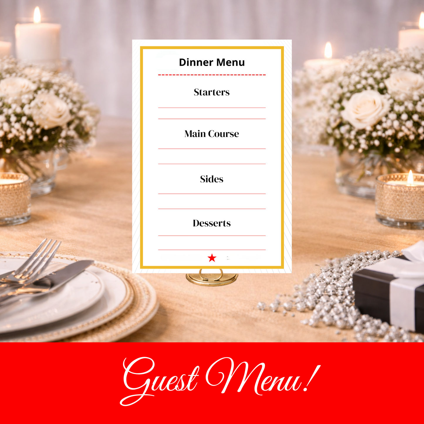 Festive Red & Gold Hostess Kit: Party Table Decor Printable Set with Bottle Hangers, Signs and Place Cards