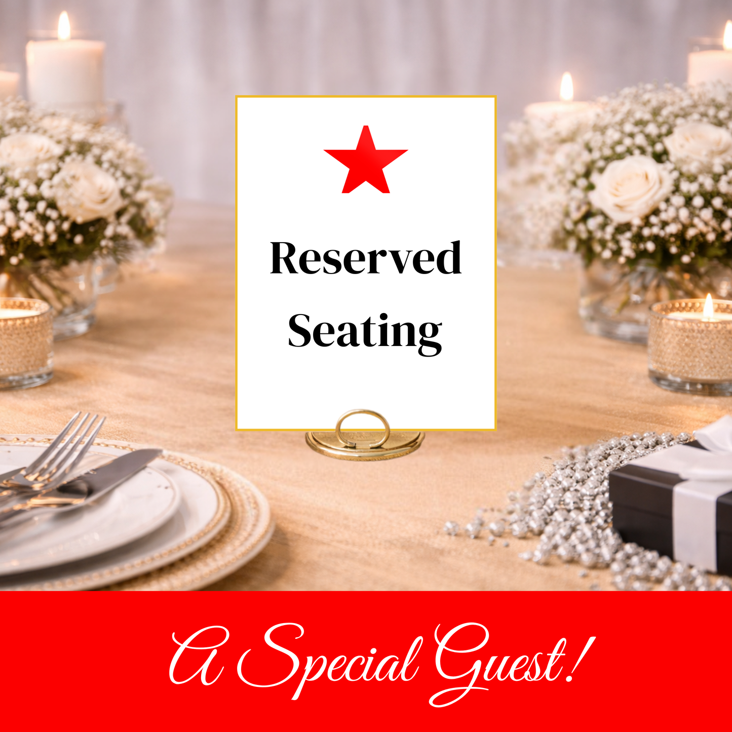 Festive Red & Gold Hostess Kit: Party Table Decor Printable Set with Bottle Hangers, Signs and Place Cards