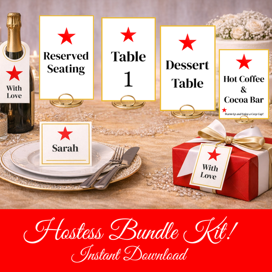 Festive Red & Gold Hostess Kit: Party Table Decor Printable Set with Bottle Hangers, Signs and Place Cards