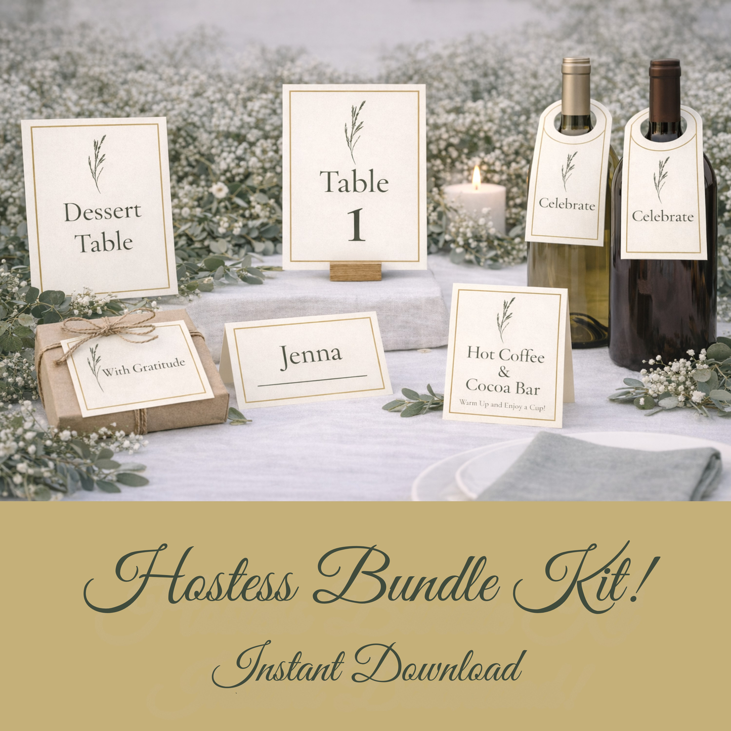 Botanical Neutral Hostess Kit: Elegant Wedding & Party Table Decor Printable Set with Bottle Hangers, Signs, Place Cards