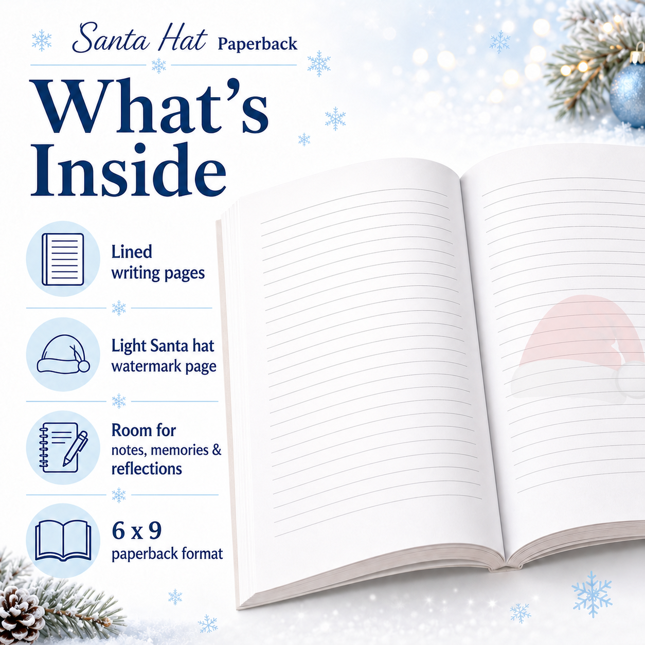 Santa Hat Christmas Journal 6x9 paperback | Holiday Writing Notebook for Kids |Christmas Memories, Winter Break Activities & Stocking Stuffer Gift
