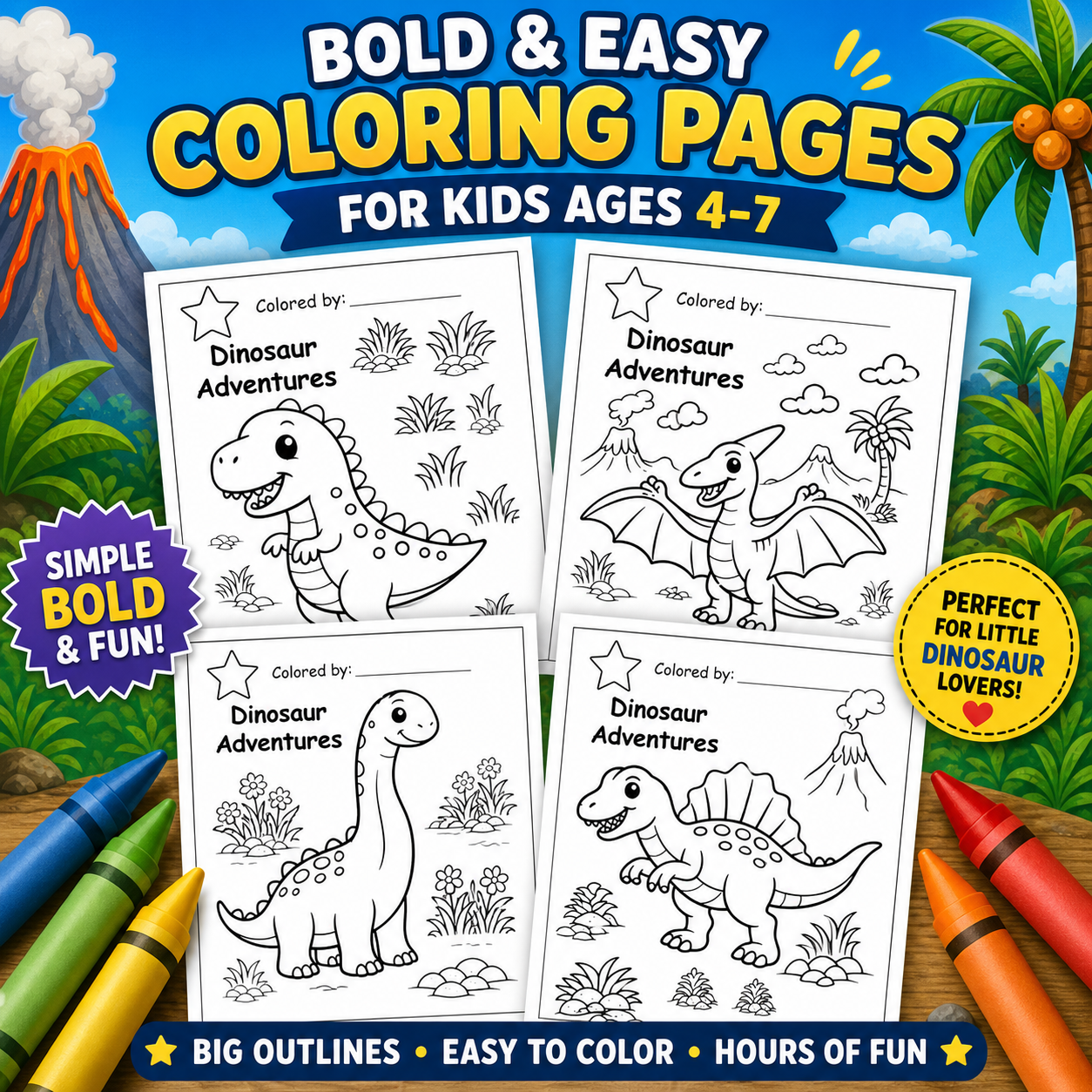 Kidooz Dinosaur Coloring Book for Kids Digital Download – Printable Dino Coloring Pages for Toddlers, Preschoolers & Children Ages 4–7