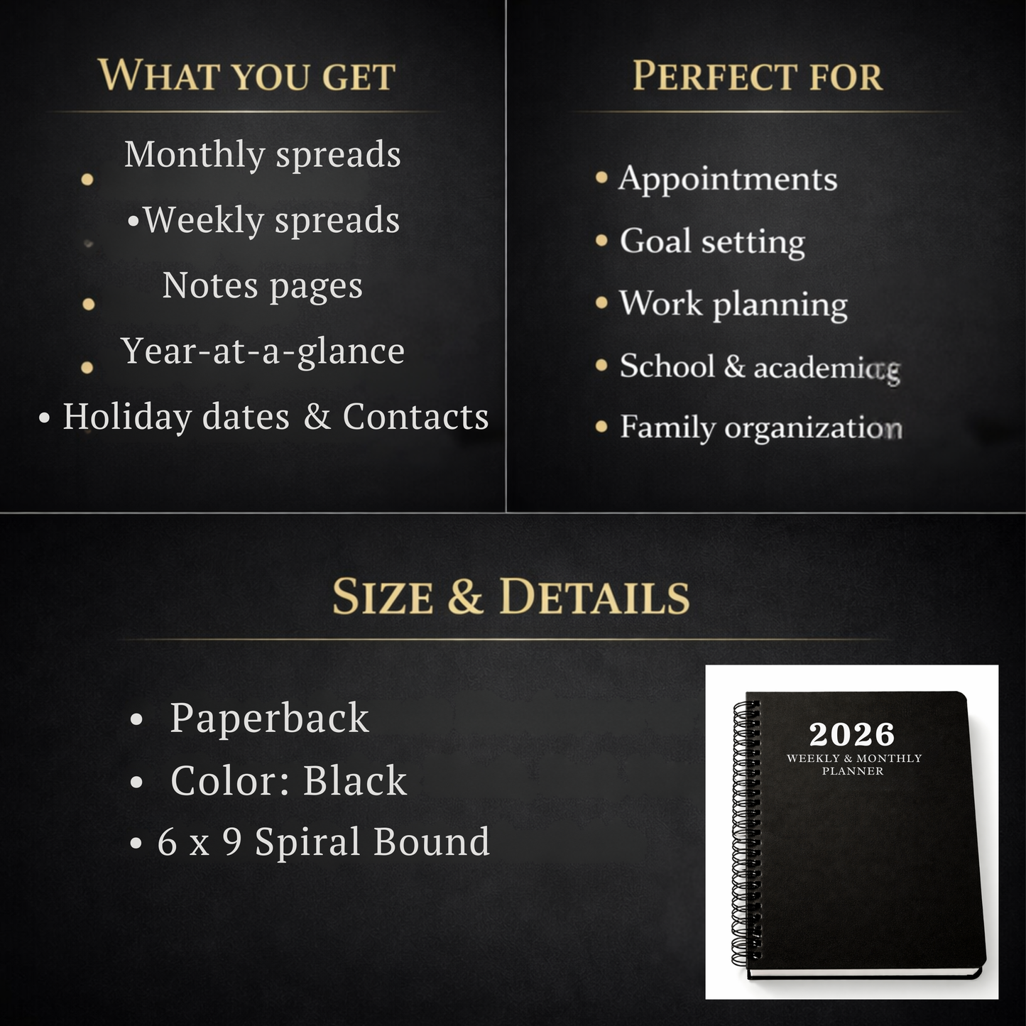 2026 Weekly & Monthly Planner, Black 6x9 Spiral-Bound Organizer