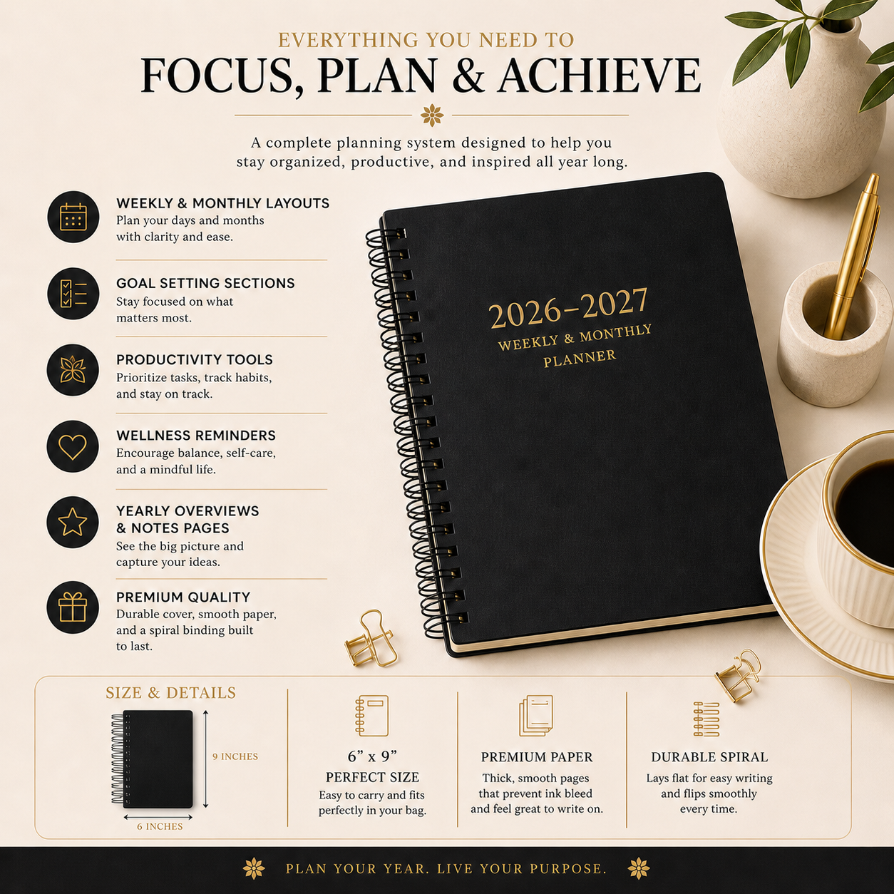 2026-2027 2-Year Spiral Planner Black 6x9 | Weekly & Monthly Planner, Dated Organizer for Work, School & Goals