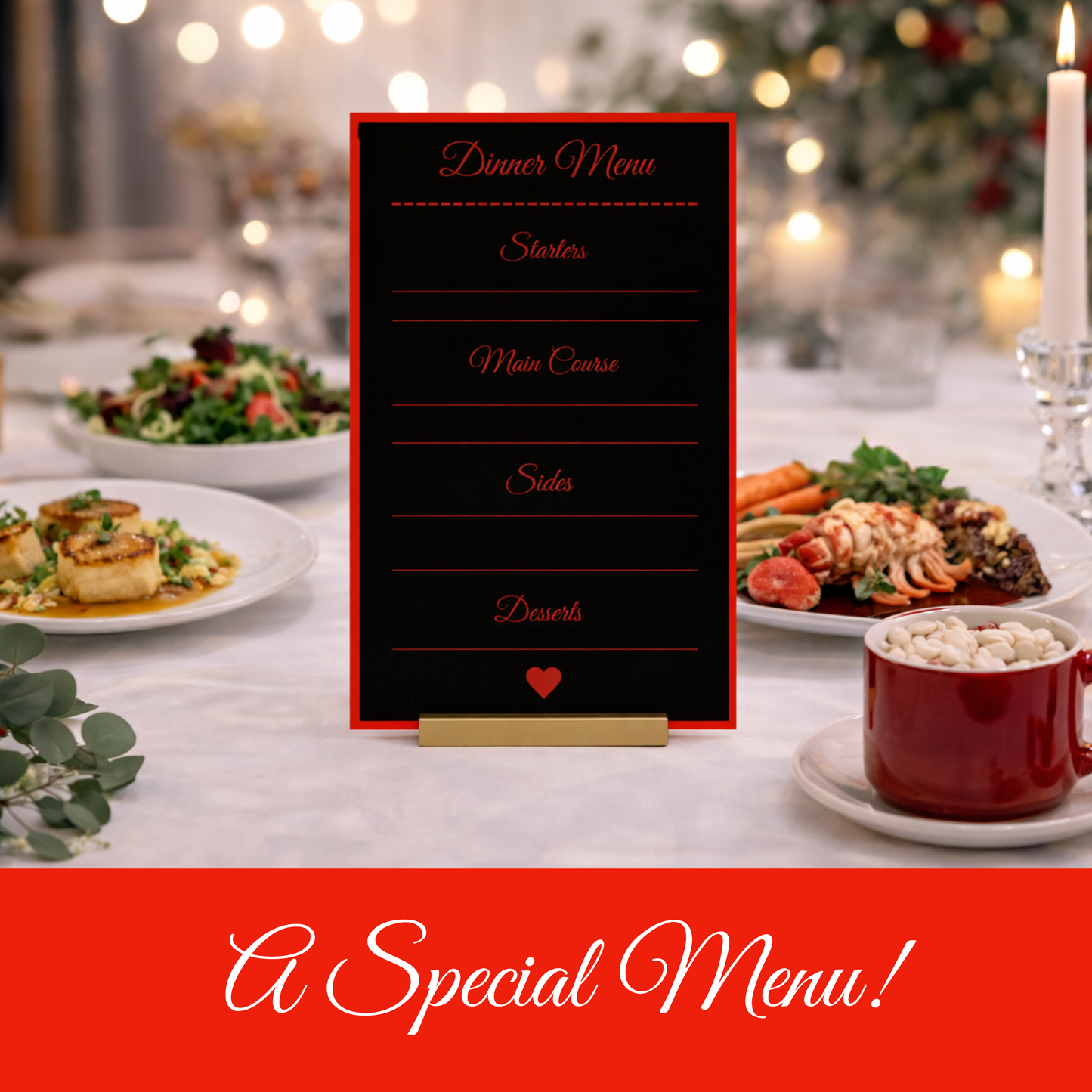 Black & Red Romantic Hostess Kit: Bold Heart-Themed Wedding and Party Table Decor Printable Set with Bottle Hangers, Menu, Place Cards