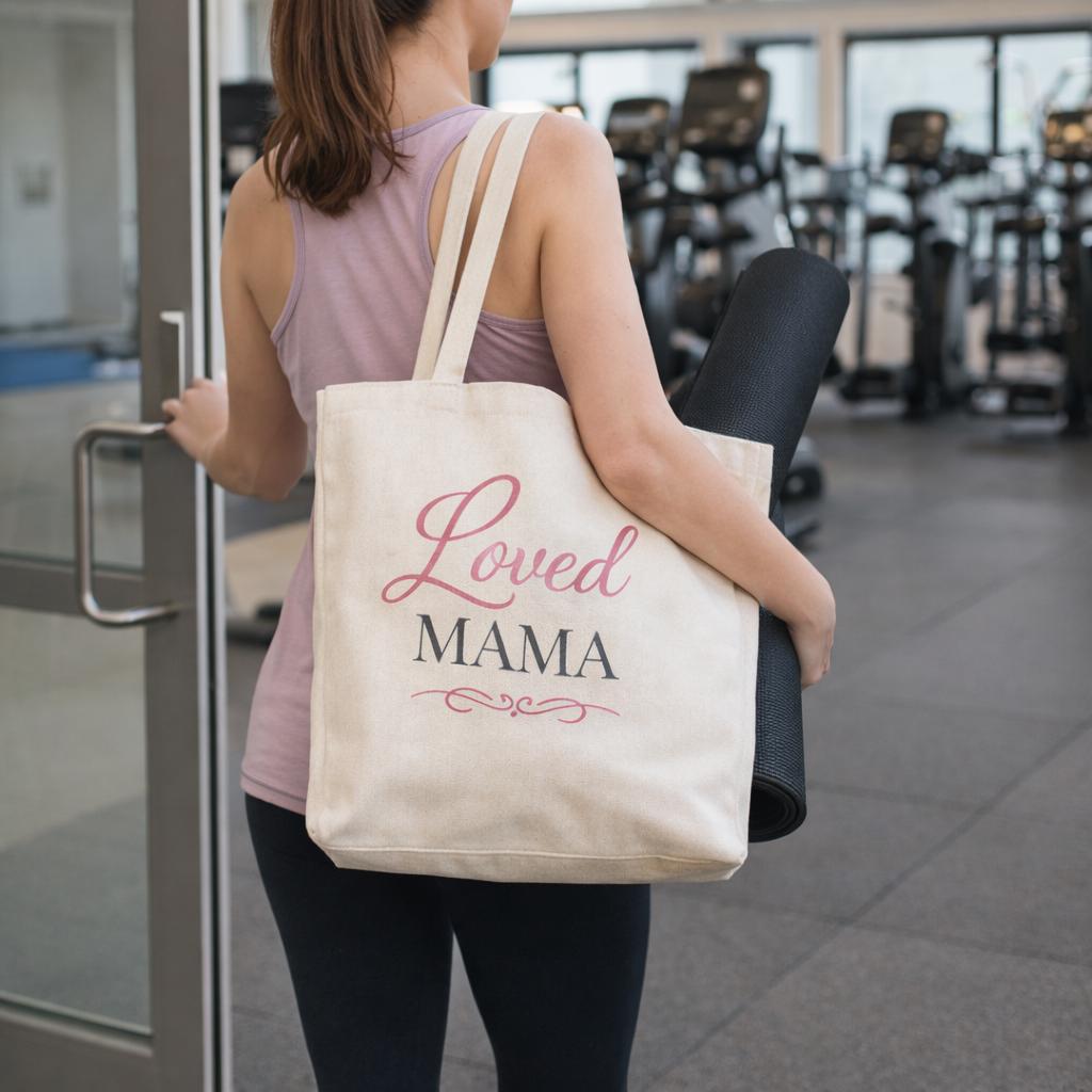 Loved Mama Cotton Canvas Tote Bag — Natural Script Typography Everyday Carry