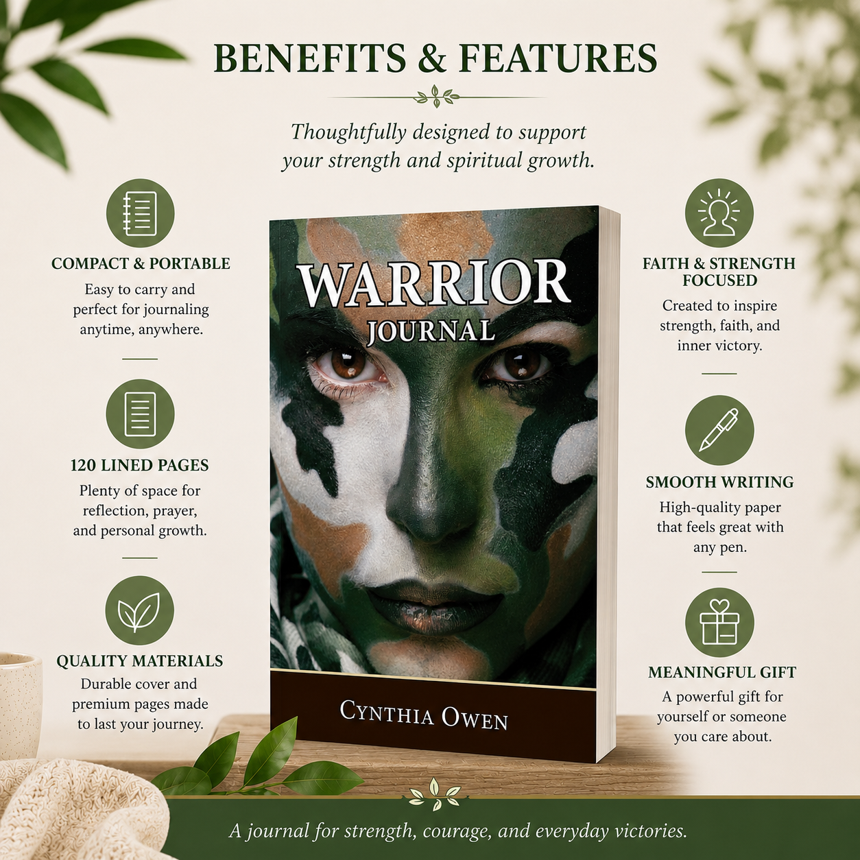 Warrior Journal benefits and features showing scriptures declarations lined pages and 6x9 paperback format