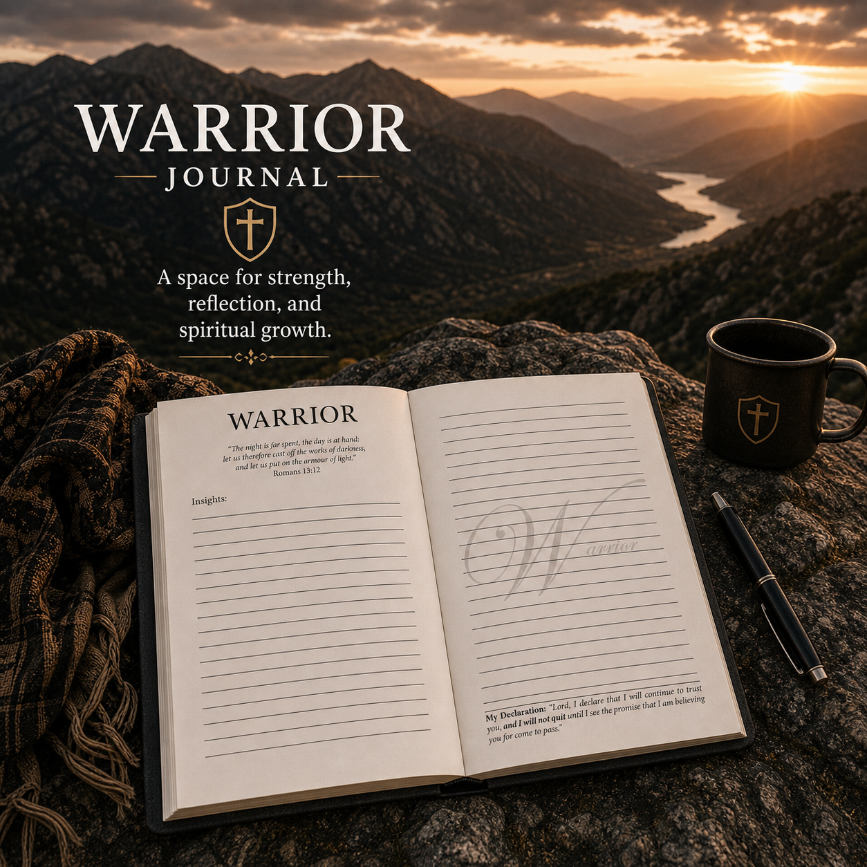 Open Warrior Journal inside pages showing lined writing pages for prayer Bible study notes and scripture reflection