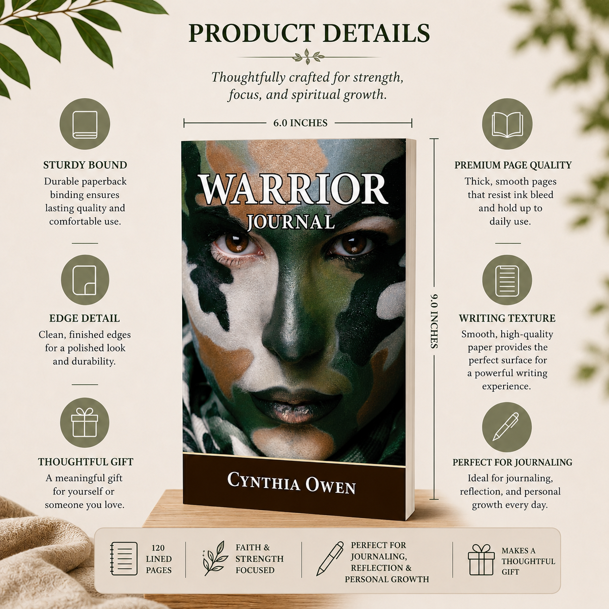 Warrior Journal product details showing 6x9 paperback 120 lined pages scriptures declarations and writing pages