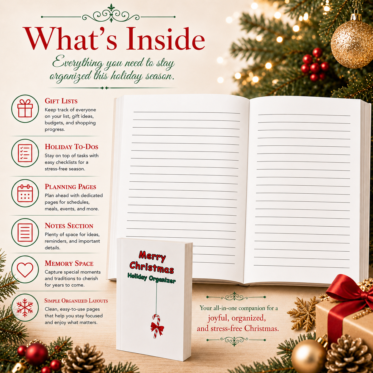 Merry Christmas Holiday Organizer Paperback – 6x9 Christmas Planner Journal for Gift Lists, Holiday To-Dos, Notes, Planning & Memories
