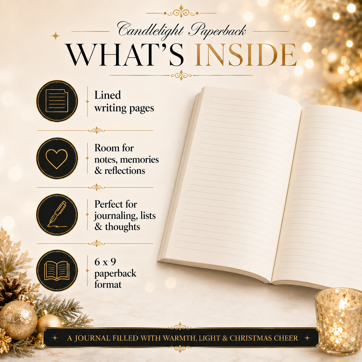 Candlelight Christmas Notebook – 6x9 Holiday Writing Journal for Christmas Memories, Daily Reflections, Winter Break Notes & Elegant Gift