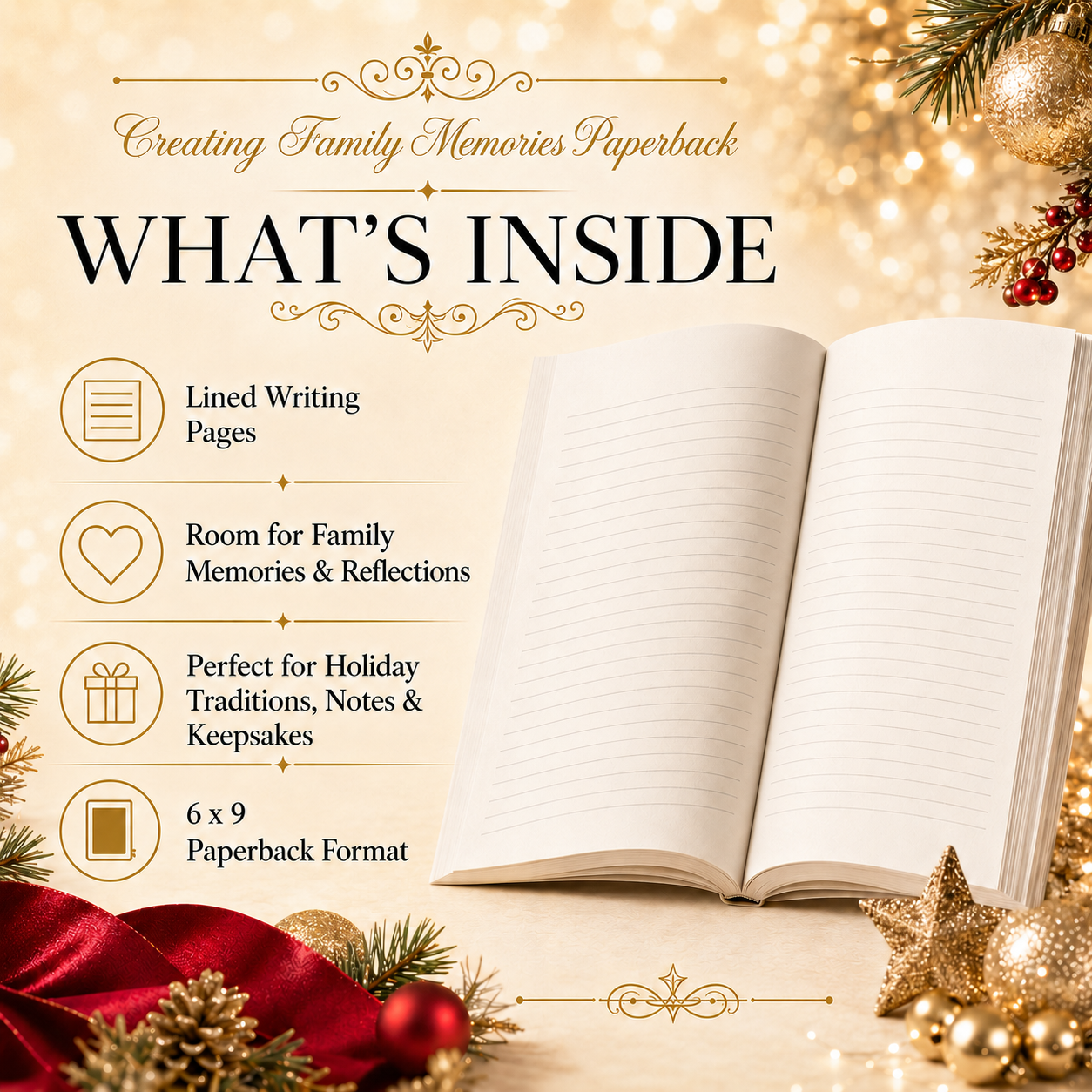 Creating Family Memories Journal – 6x9 Paperback Christmas Keepsake Notebook for Holiday Traditions, Family Reflections, Gratitude Notes & Meaningful Gift