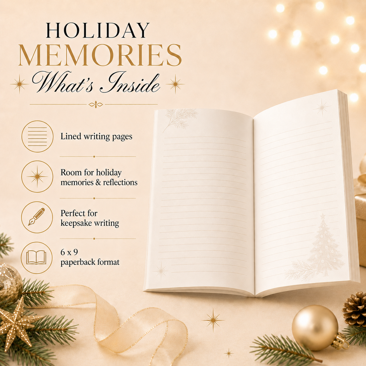 Holiday Memories Journal – 6x9 Paperback | Christmas Keepsake Notebook for Holiday Reflections, Family Traditions, Gratitude Notes &amp; Thoughtful Gift