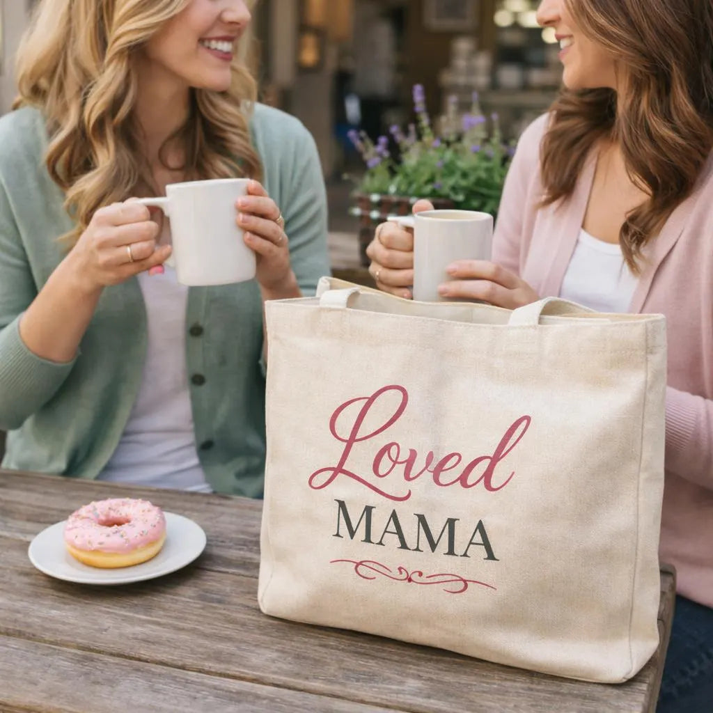 Loved Mama Cotton Canvas Tote Bag — Natural Script Typography Everyday Carry
