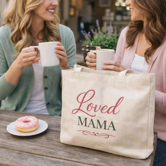 Loved Mama Cotton Canvas Tote Bag — Natural Script Typography Everyday Carry