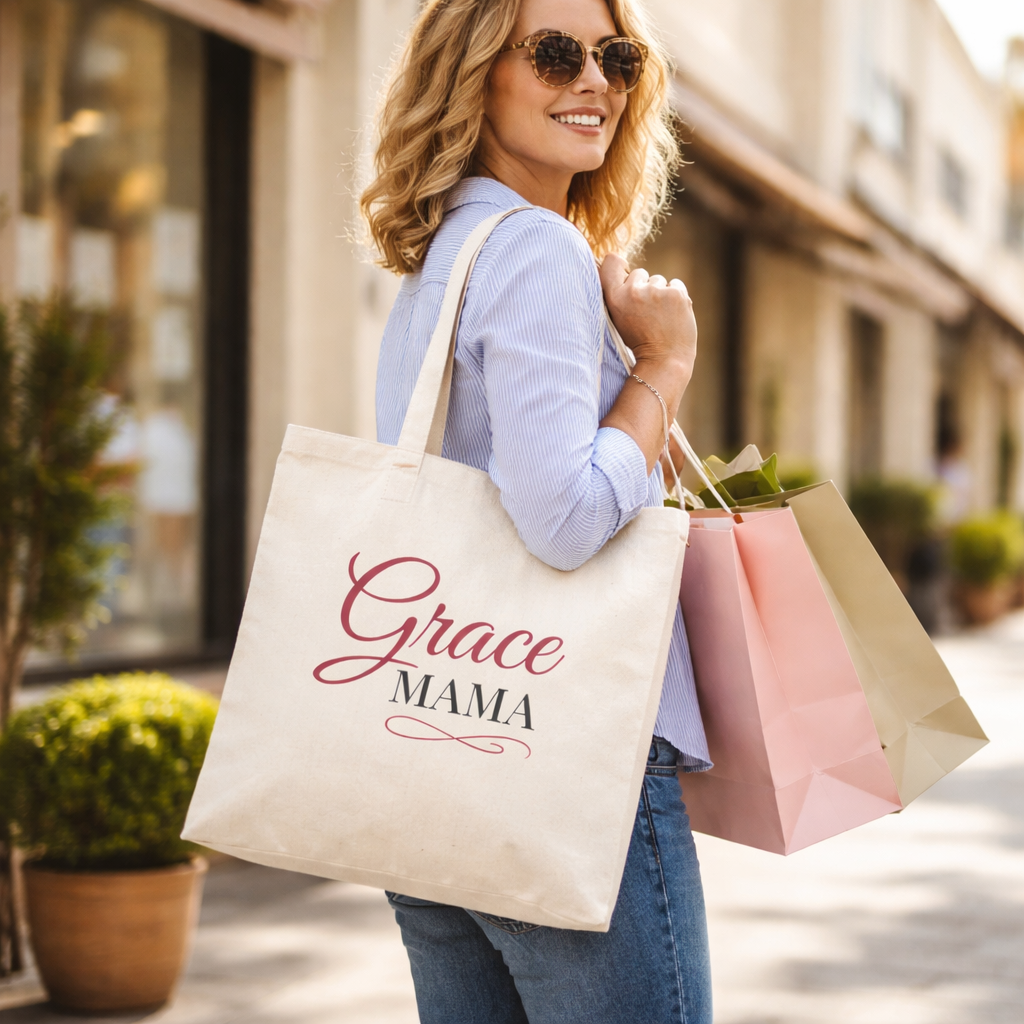 Grace Mama Tote Bag | Script Typography, Natural Canvas, Everyday Carry