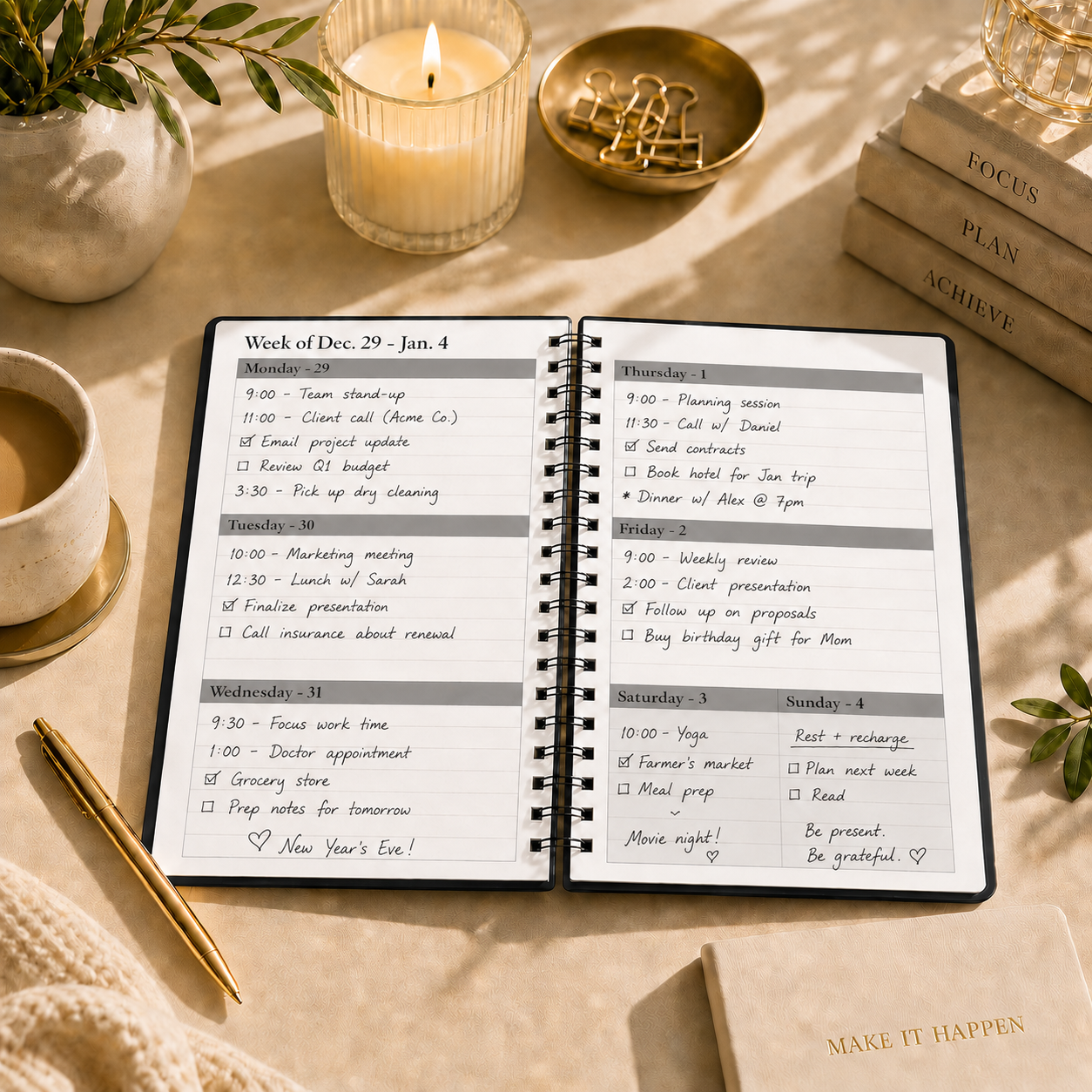 Open 2026–2027 black spiral planner weekly spread with handwritten appointments, tasks, reminders, notes, and cozy neutral desk styling