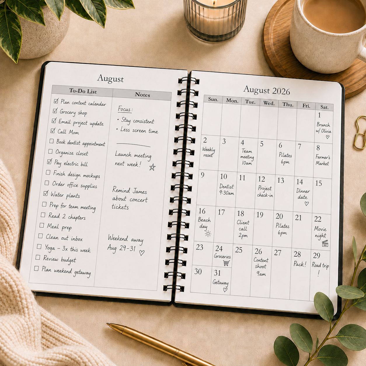 Open 2026–2027 black spiral planner monthly calendar spread with to-do list, notes, handwritten reminders, appointments, and cozy neutral desk styling