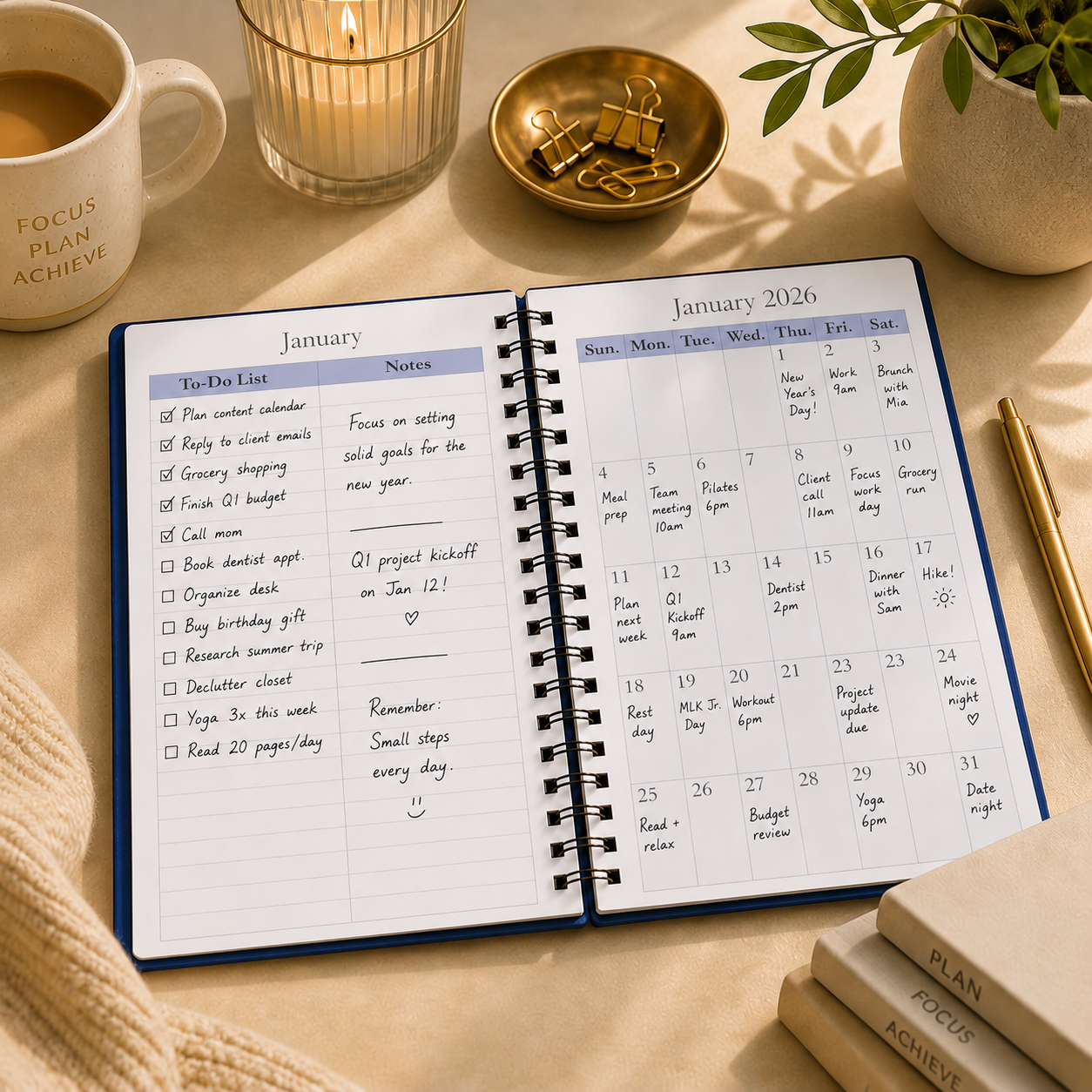Open 2026–2027 navy blue spiral planner monthly spread with to-do list notes handwritten appointments and cozy desk styling