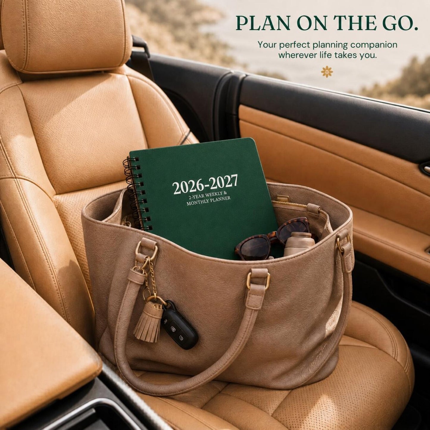 Green 2026 2027 spiral planner in purse on car seat showing portable 6x9 planner for everyday use and travel