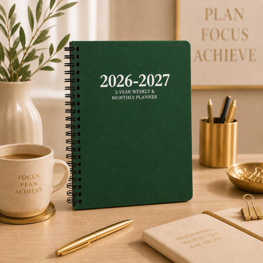 2026 2027 green spiral planner 6x9 daily weekly and monthly dated organizer for work school goals and productivity