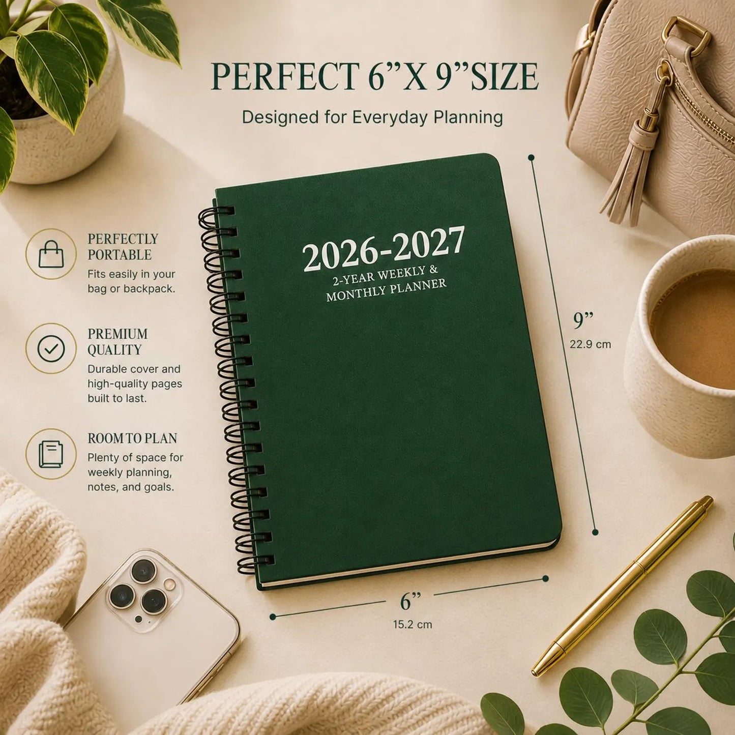 Perfect 6x9 size green spiral planner for portable daily weekly monthly planning work school travel and everyday organization