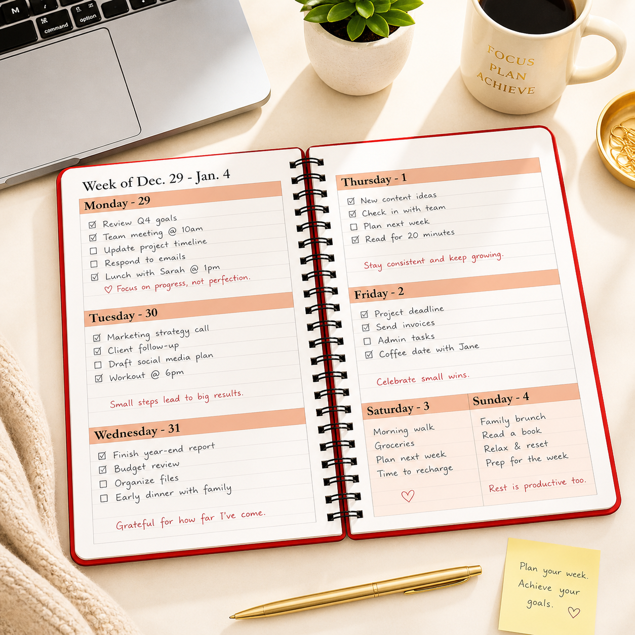 Open weekly spread in red 2026 2027 spiral planner with dated weekly layout for tasks notes and planning
