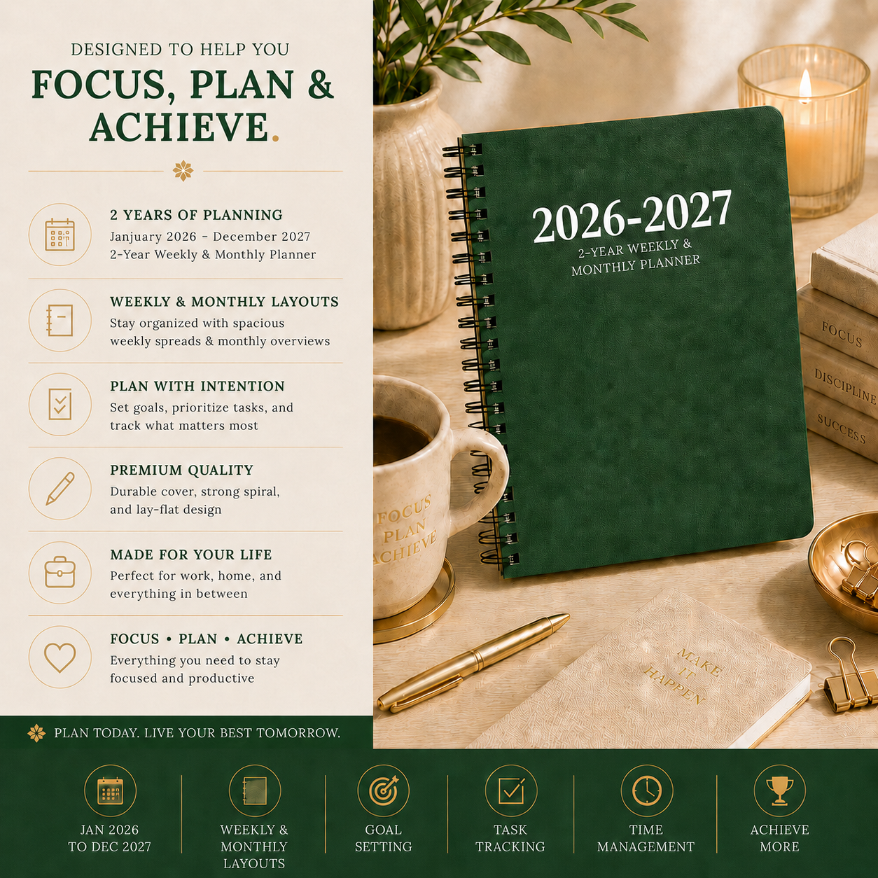 2026–2027 green spiral planner focus plan and achieve image with productivity tools goals weekly monthly layouts and notes pages
