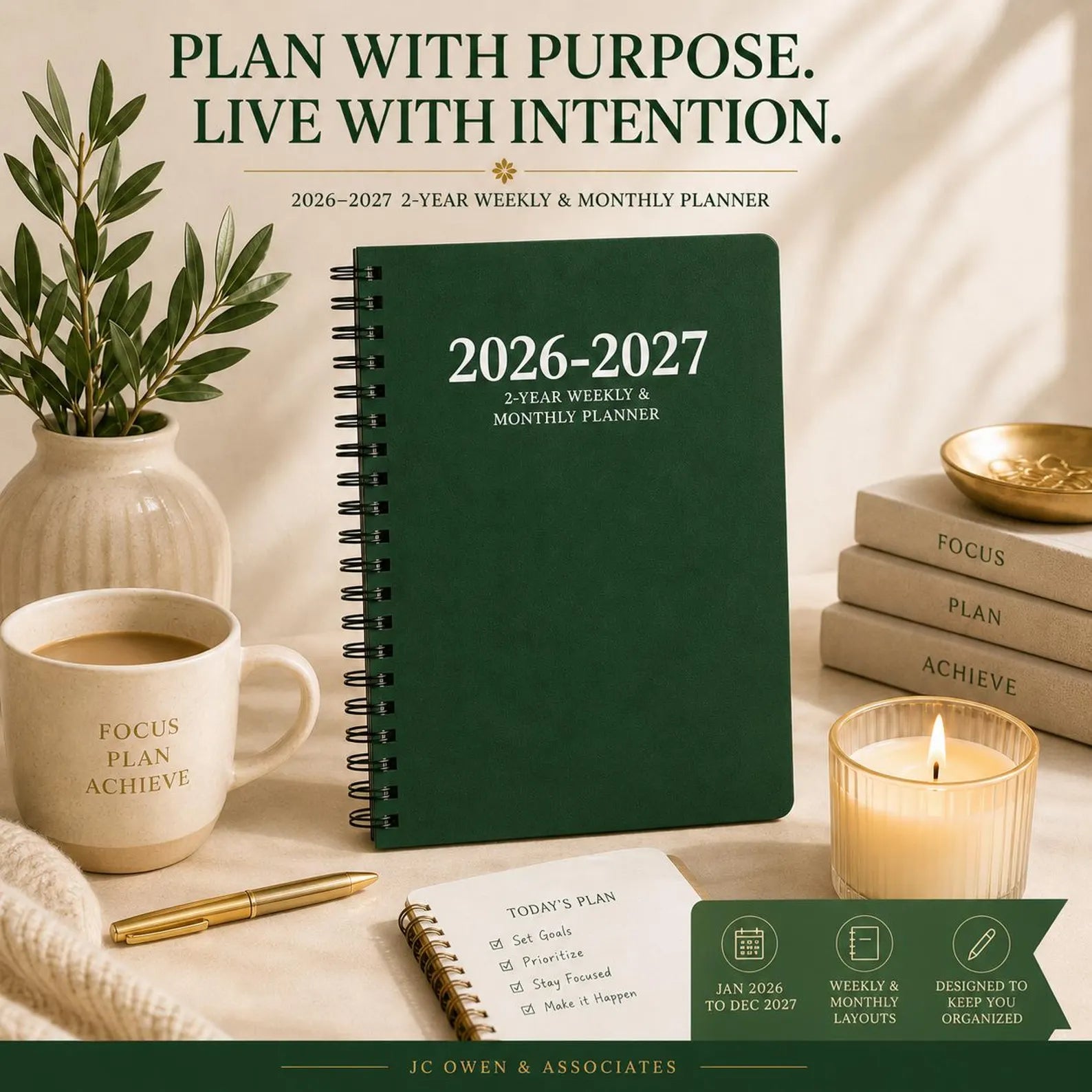 Plan with purpose green 2026 2027 spiral planner for work school goals productivity and intentional organization