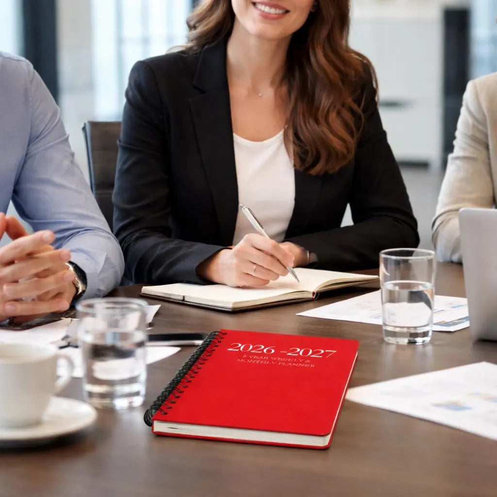 Red 2026 2027 spiral planner on business meeting table for professional work planning and productivity