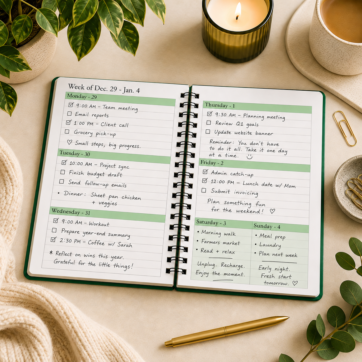 Open 2026–2027 green spiral planner weekly spread with handwritten tasks appointments notes and green-accented pages