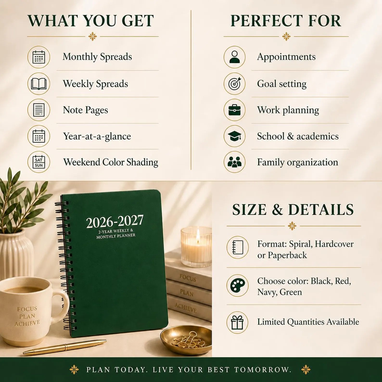 2026 2027 green planner what you get perfect for and size details for daily weekly monthly organization