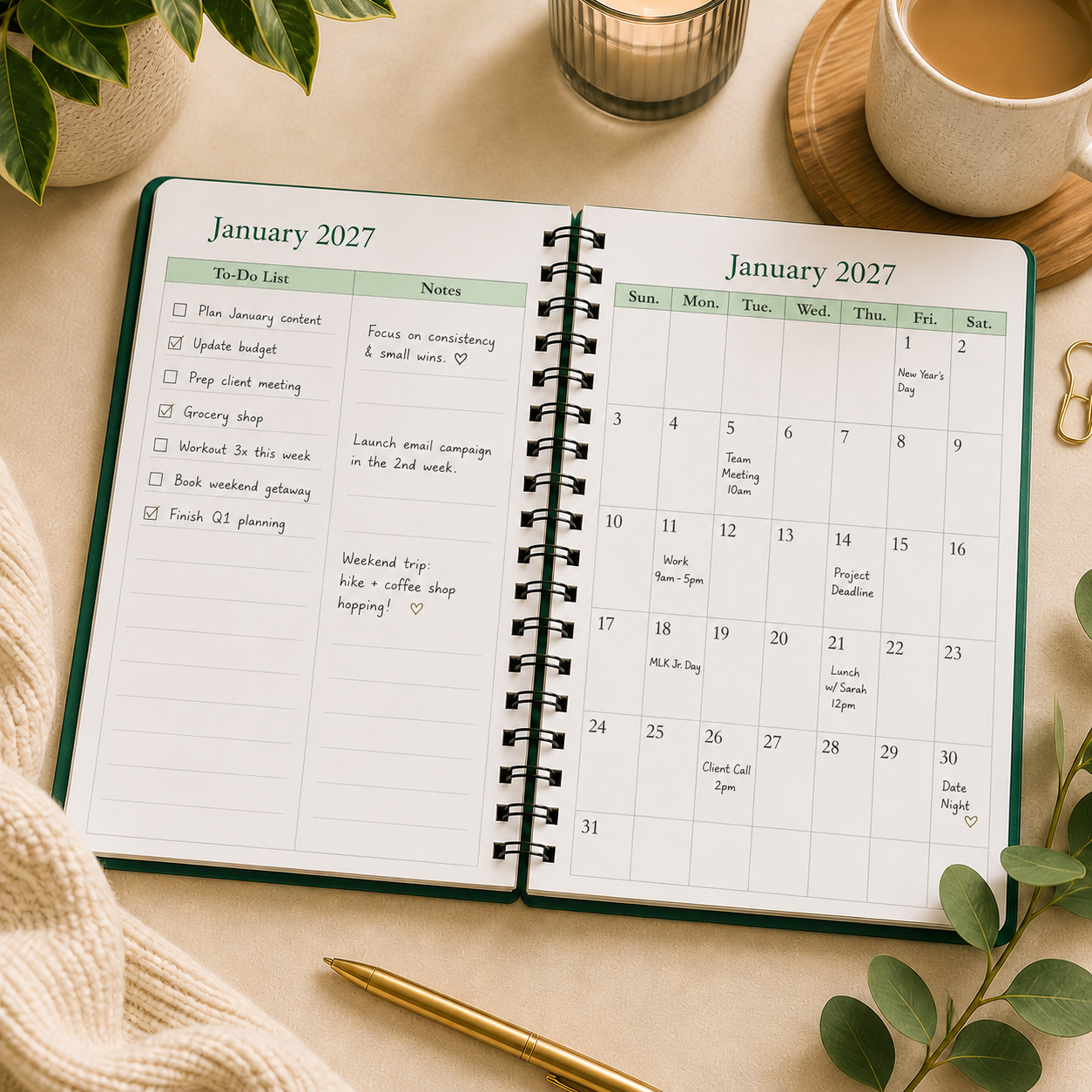 Open planner spread in green 2026 2027 spiral planner showing monthly planning layout with notes and task organization