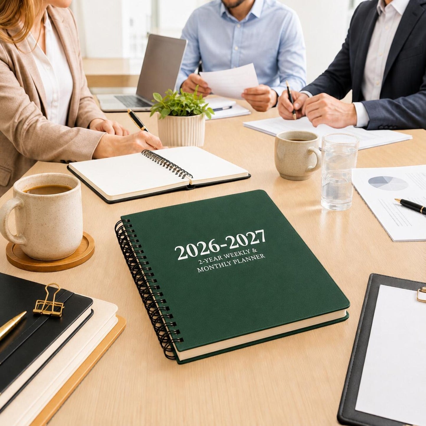 Green 2026 2027 spiral planner on meeting table for professional work planning business schedules and productivity