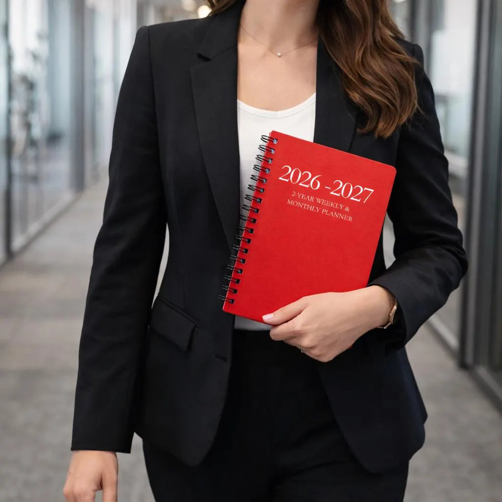 Woman carrying red 2026 2027 spiral planner for meetings work school daily planning and organization