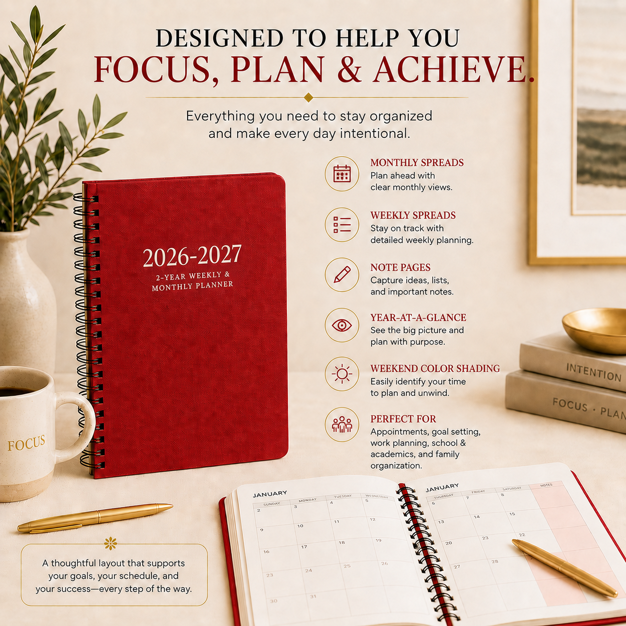 Focus plan and achieve red spiral planner with productivity tools goal setting weekly monthly layouts and notes pages