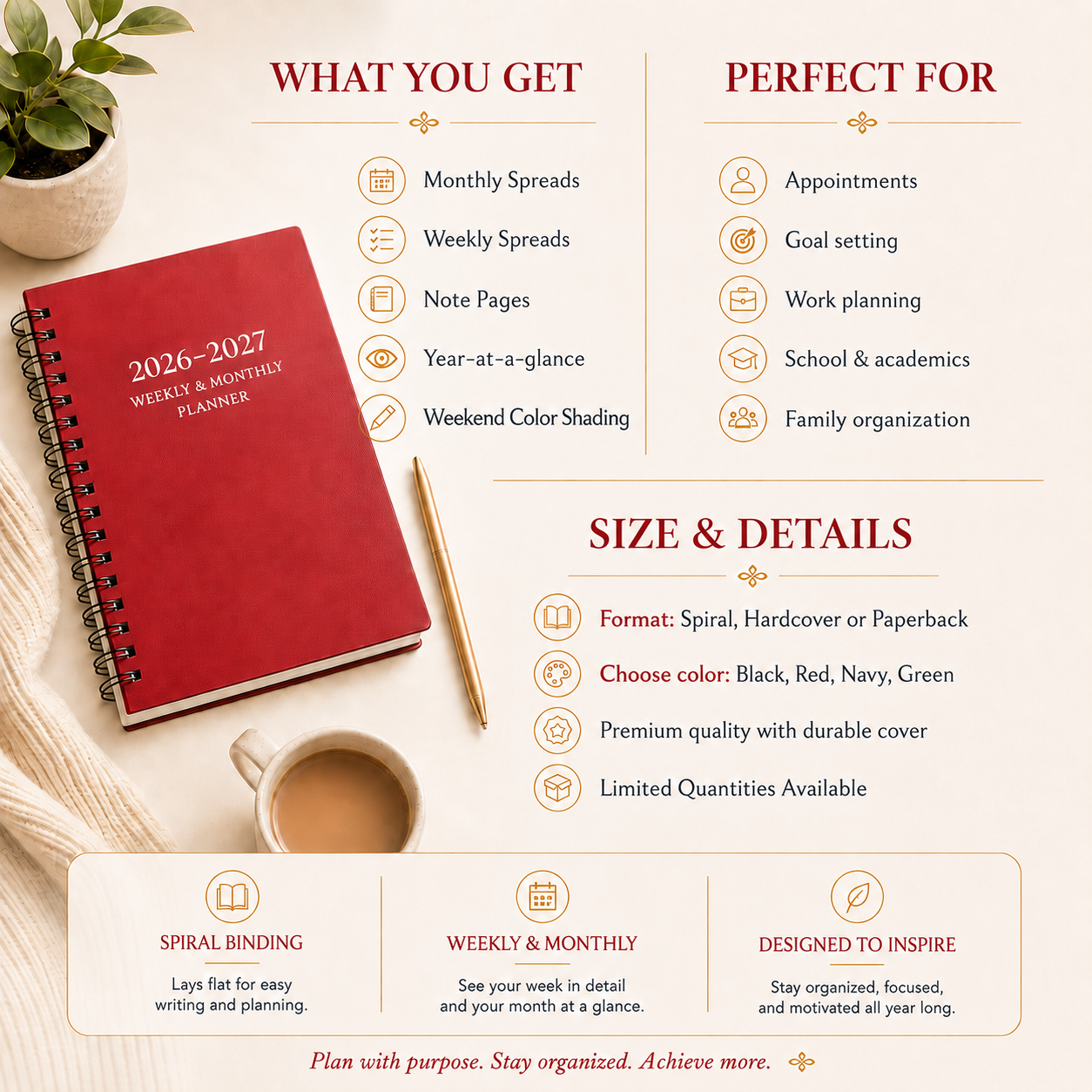 2026 2027 red planner what you get perfect for and size details for daily weekly monthly organization