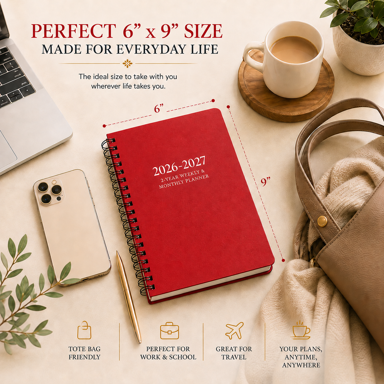 Perfect 6x9 size red spiral planner for portable daily weekly monthly planning work school travel and everyday organization