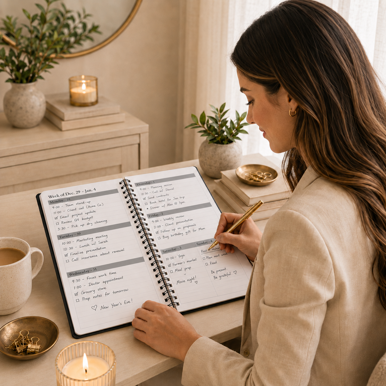 Woman writing in open 2026–2027 black spiral planner with weekly spread, handwritten notes, appointments, tasks, and cozy neutral desk styling