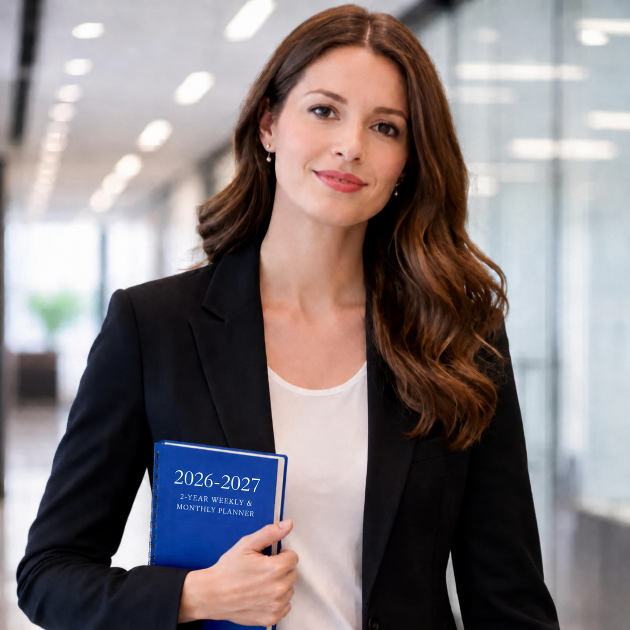 Professional woman holding 2026–2027 navy blue spiral planner for work meetings school planning and daily organization