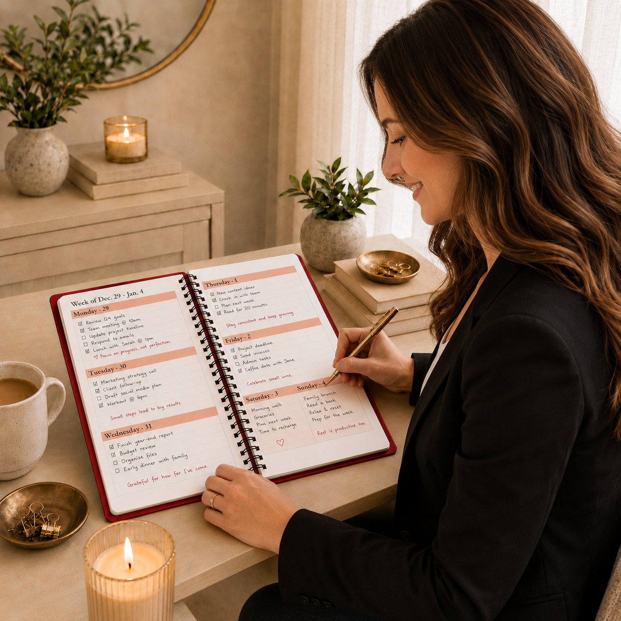 Woman writing in open 2026–2027 red spiral planner with weekly spread, red-accented pages, handwritten tasks, appointments, and cozy office desk styling