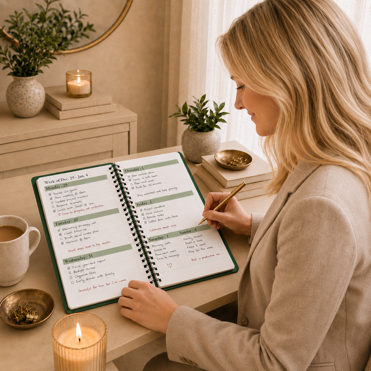 Woman writing in open 2026–2027 green spiral planner with weekly spread handwritten tasks appointments and cozy office desk styling