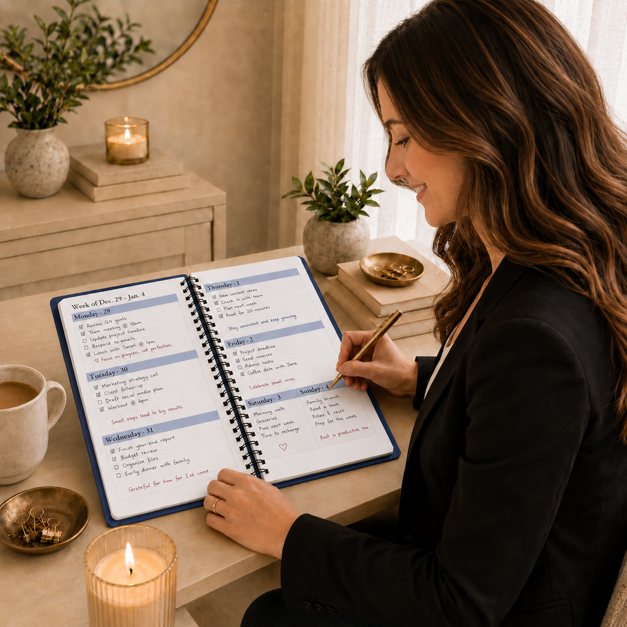 Woman writing in open 2026–2027 navy blue spiral planner with weekly spread handwritten tasks appointments and cozy office desk styling